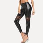 Shein Floral Lace Insert Pu Leather Leggings