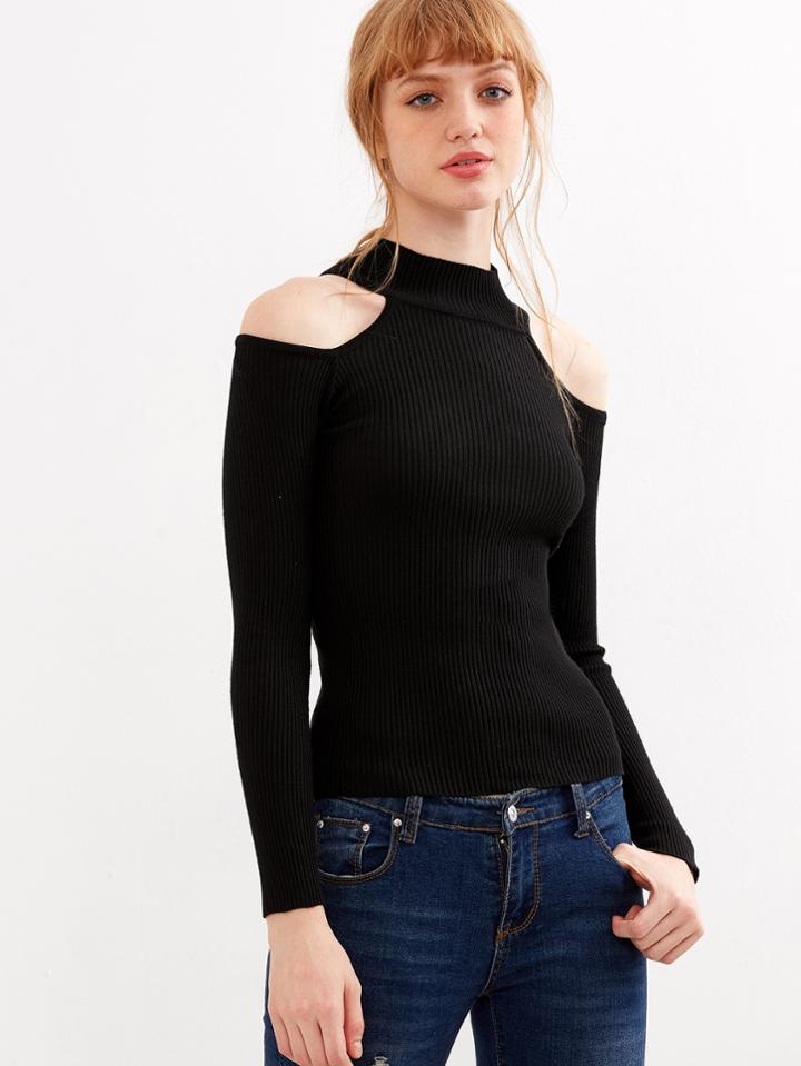 Shein Black Open Shoulder Ribbed Slim Sweater