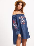 Shein Blue Off The Shoulder High Low Embroidered Chambray Dress