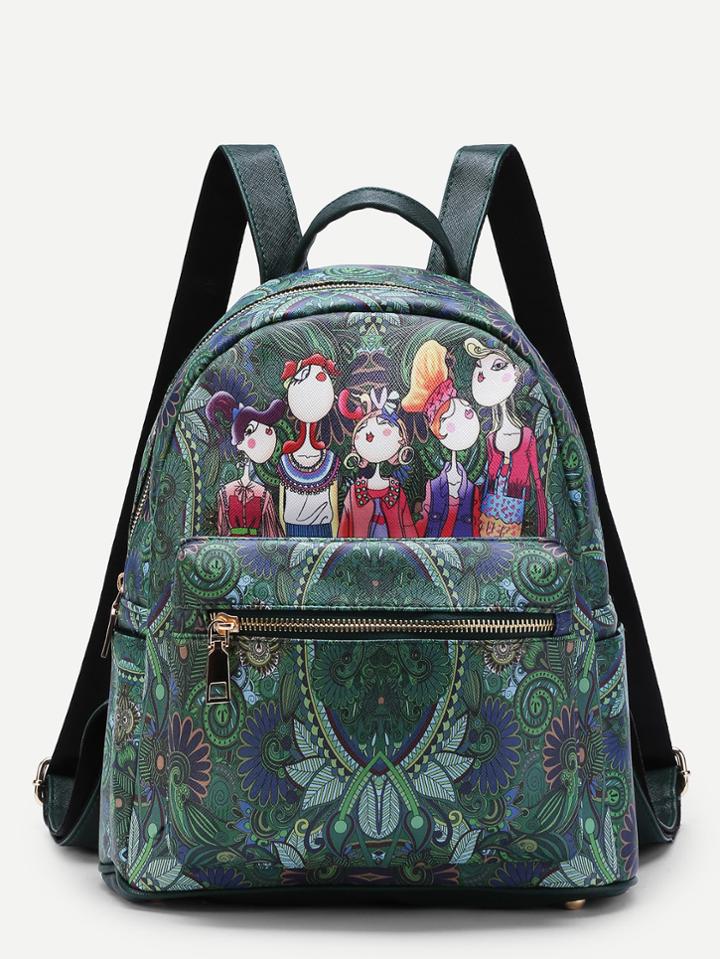 Shein Cartoon Print Pocket Front Pu Backpack