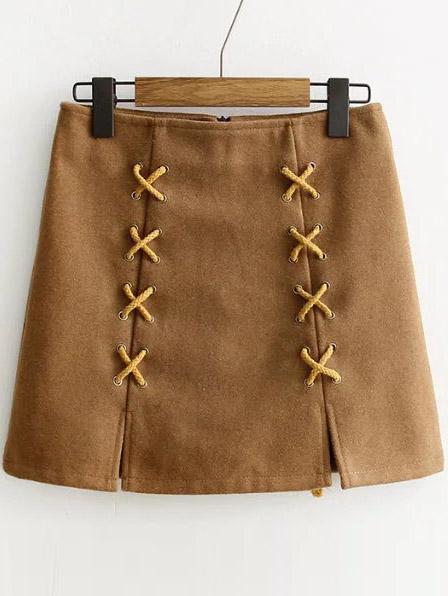 Shein Khaki Lace Up Detail Back Zipper Skirt