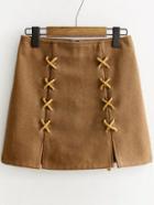 Shein Khaki Lace Up Detail Back Zipper Skirt
