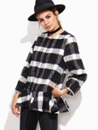 Shein Navy Plaid Hidden Button Ruffle Hem Coat