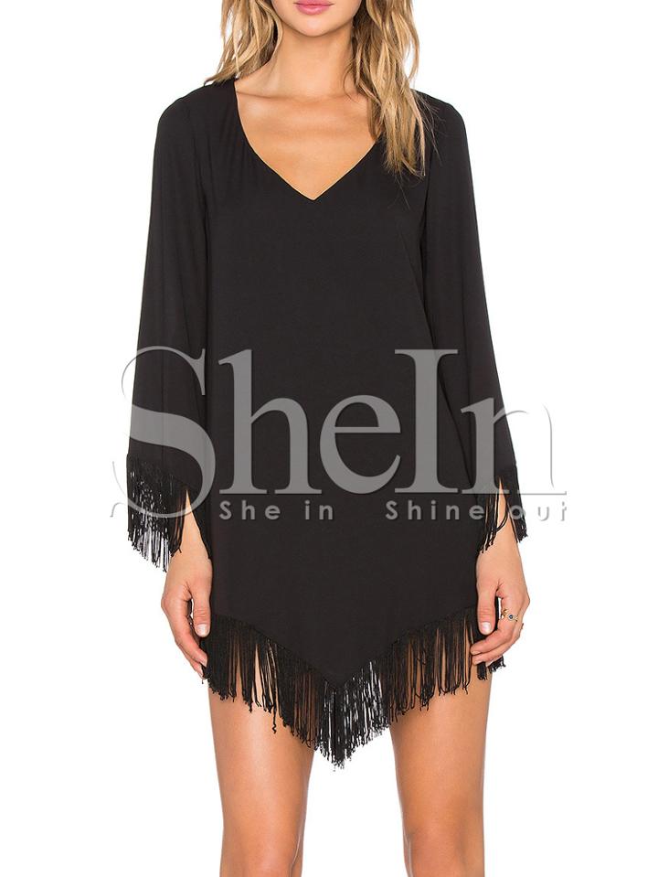 Shein Black V Neck Tassel Dress