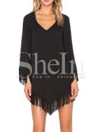 Shein Black V Neck Tassel Dress