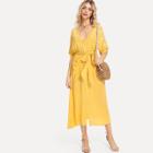 Shein Plunging Neck Embroidered Button Up Belted Dress