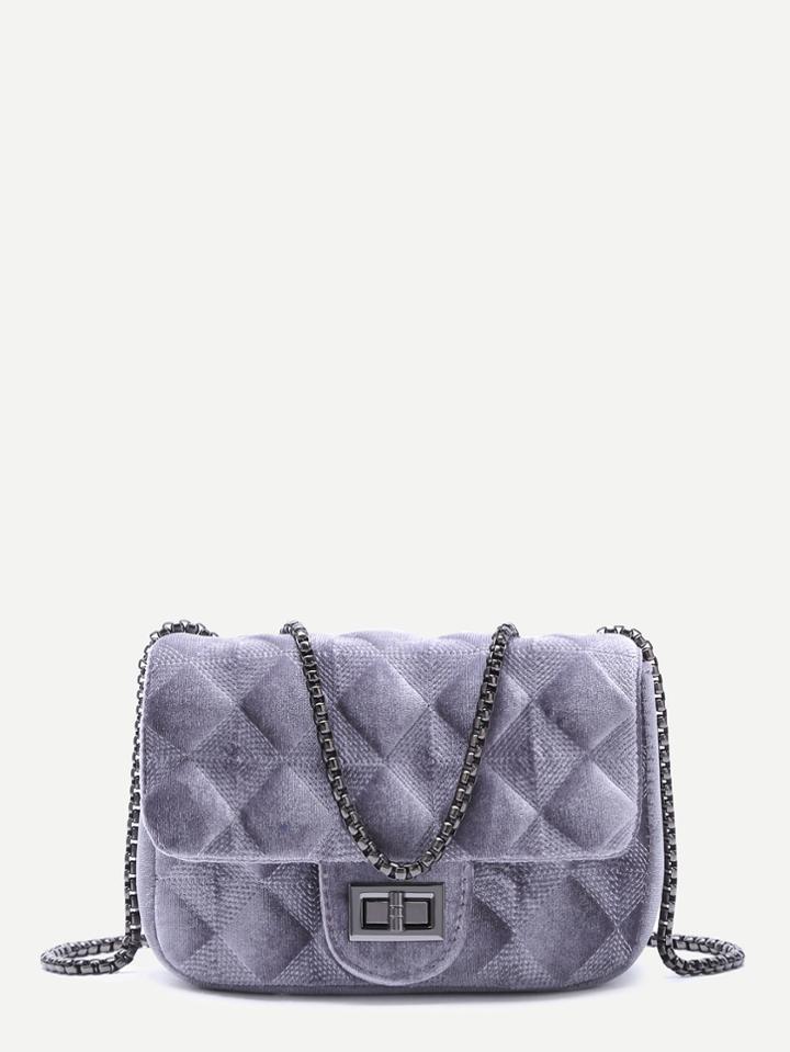 Shein Grey Velvet Meander Pattern Quilted Crossbody With Chain Strap