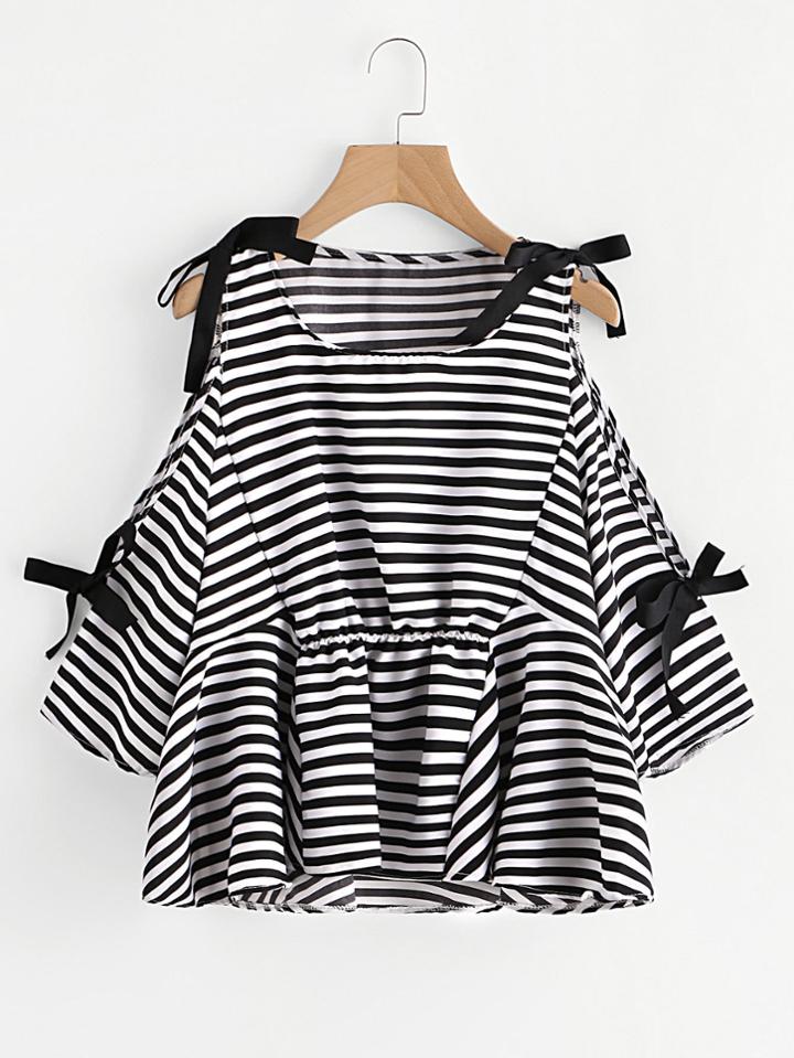 Shein Contrast Striped Open Shoulder Bow Tie Detail Top