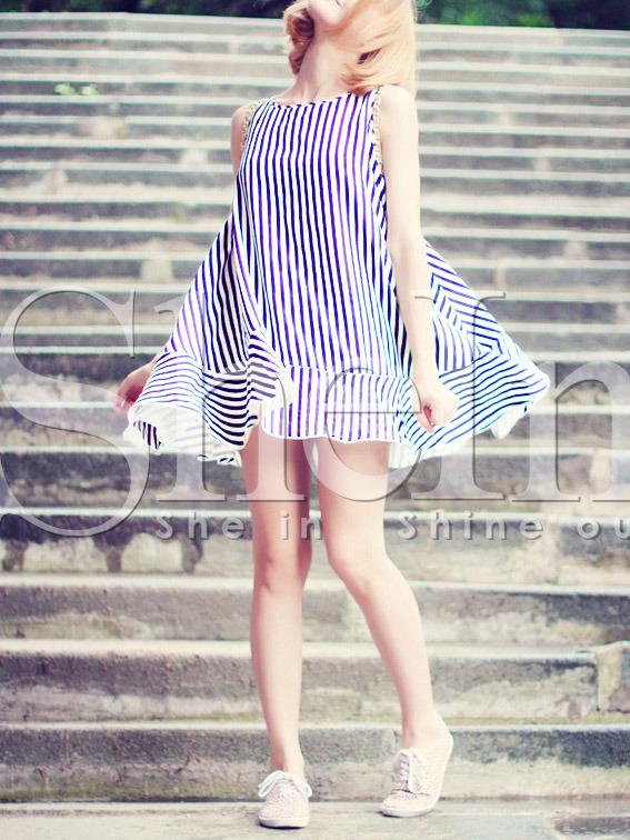 Shein Blue Vertical Striped Sleeveless Tent Dress