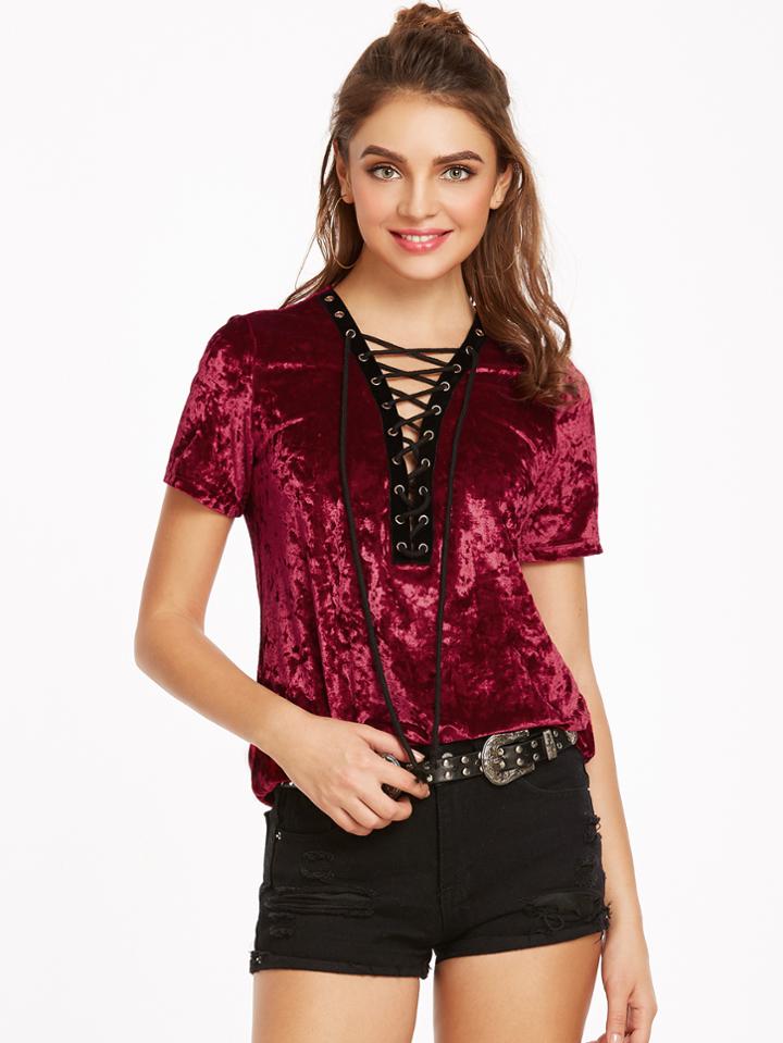 Shein Burgundy Eyelet Lace Up V Neck Velvet Top