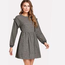 Shein Frill Trim Striped Cuff Plaid Smock Dress