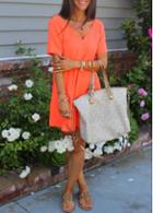 Rosewe V Neck Short Sleeve Orange Shift Dress
