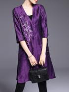 Shein Purple V Neck Pockets Flowers Embroidered Dress
