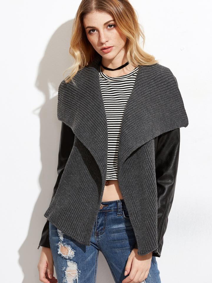 Shein Faux Leather Ribbed Knit Drape Collar Jacket