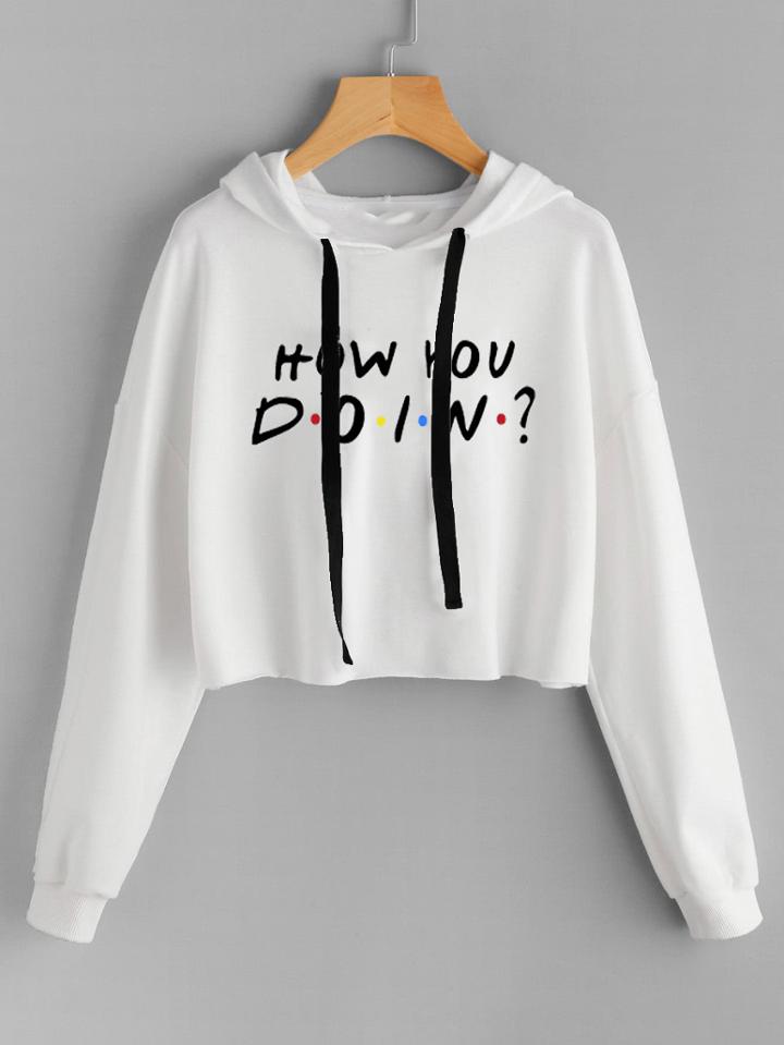 Shein Slogan Print Drop Shoulder Raw Hem Hoodie