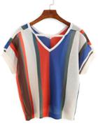 Shein Color Block Stappy V-neck Short Sleeve Sweater