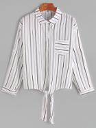 Shein Vertical Striped Knot Front Pocket Blouse