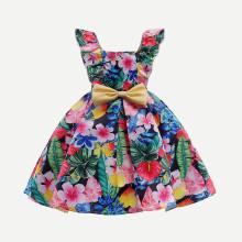 Shein Girls Jungle Print Ruffle Trim Bow Tie Dress
