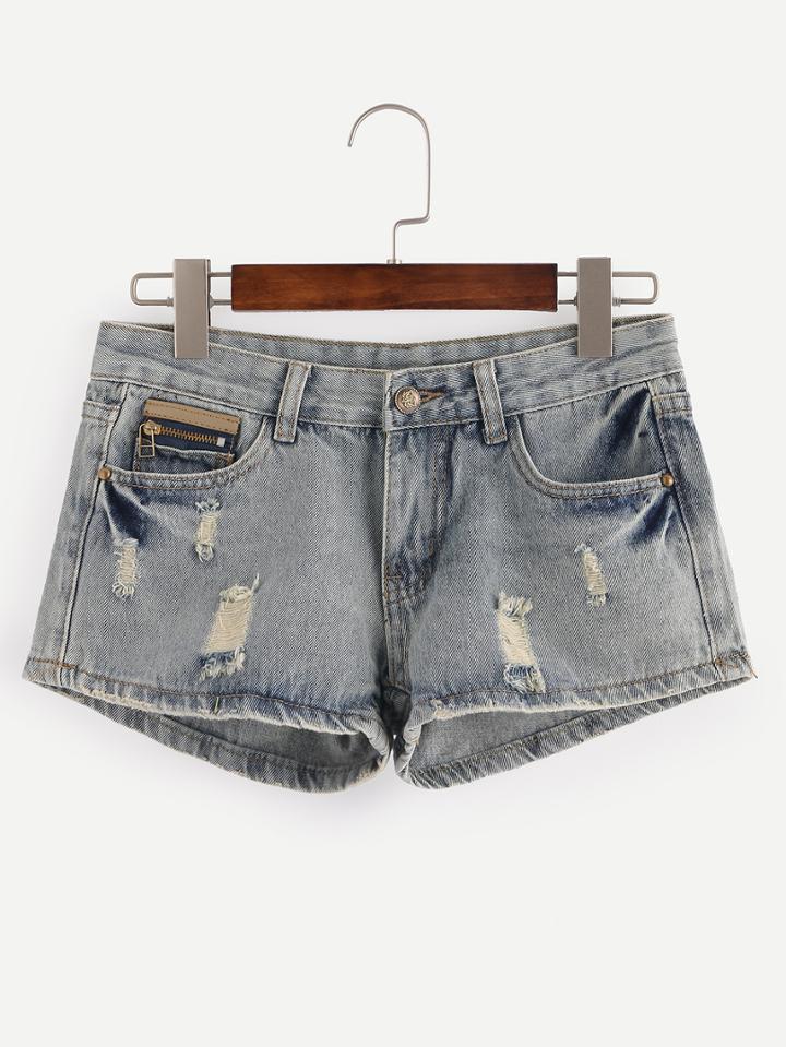 Shein Light Grey Ripped Zipper Denim Shorts
