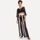 Shein Sheer Lace Crop Top And Contrast Snap Button Front Pants Set