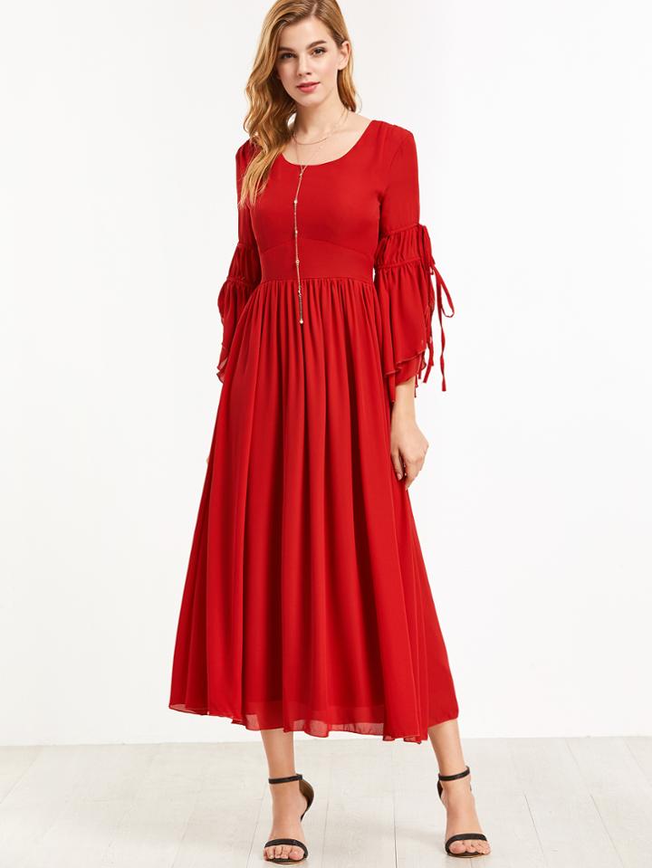 Shein Red Bell Sleeve Tie Detail Pleated A-line Dress