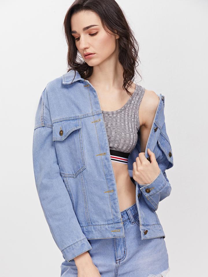 Shein Blue Drop Shoulder Single Breasted Denim Jacket