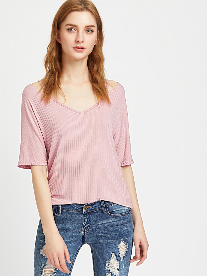 Shein Strappy V Neck Ribbed Knit Tee