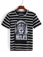 Shein Black Striped Lion Print T-shirt
