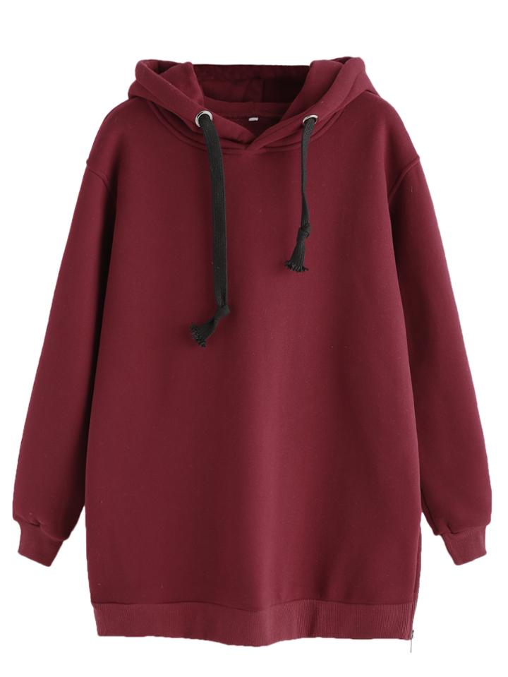 Shein Burgundy Zipper Side Drawstring Hooded Sweatshirt