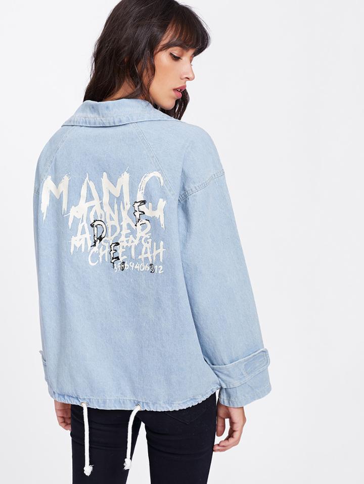 Shein Letter Print Elastic Hem Denim Coat