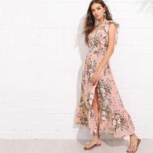 Shein Plunge Neck Ruffle Trim Botanical Dress