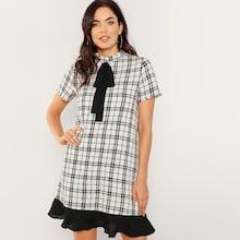 Shein Contrast Bow And Ruffle Detail Tweed Dress