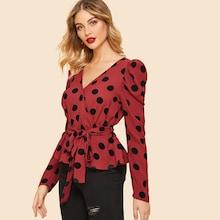 Shein 80s Puff Sleeve Polka-dot Belted Wrap Shirt