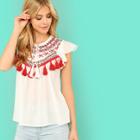 Shein Tassel Embellished Embroidery Yoke Blouse