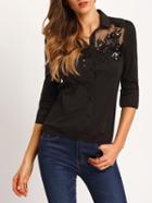Shein Black Long Sleeve Sheer Mesh Sequined Blouse