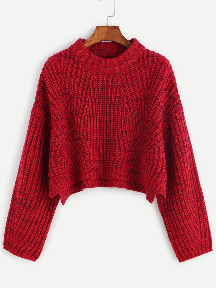 Shein Red Marled Knit Drop Shoulder Slit Crop Sweater