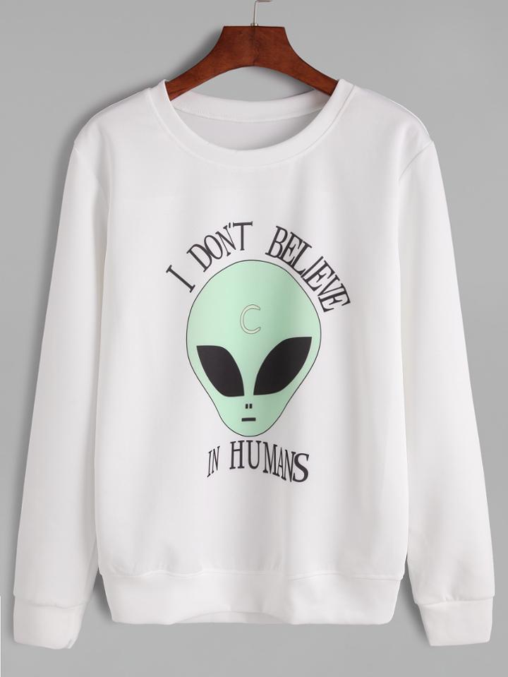 Shein White Alien And Slogan Print Sweatshirt