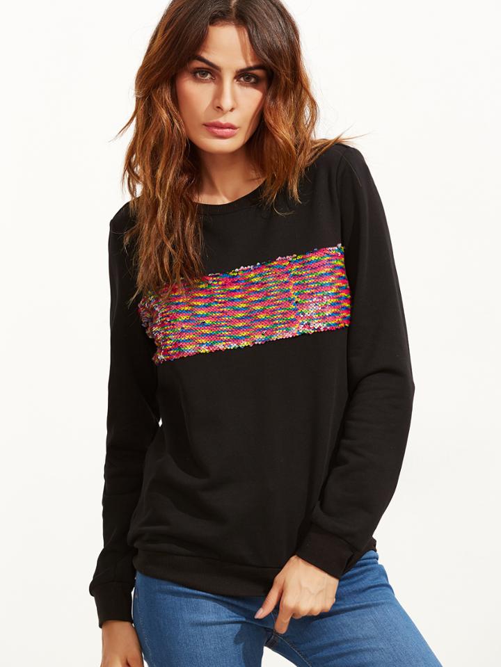 Shein Black Embroidered Sequin Embellished Sweatshirt
