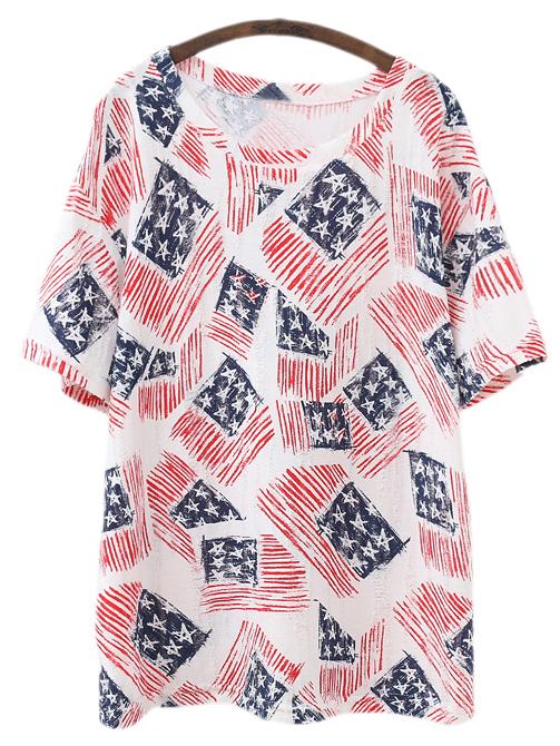 Shein Multicolor Short Sleeve Flag Print T-shirt