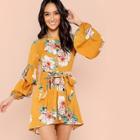 Shein Gathered Sleeve Half Placket Floral Dress