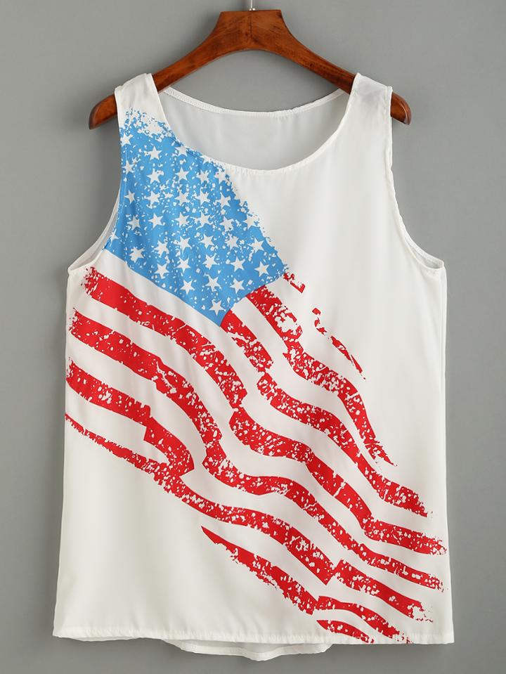 Shein White American Flag Print Chiffon Top