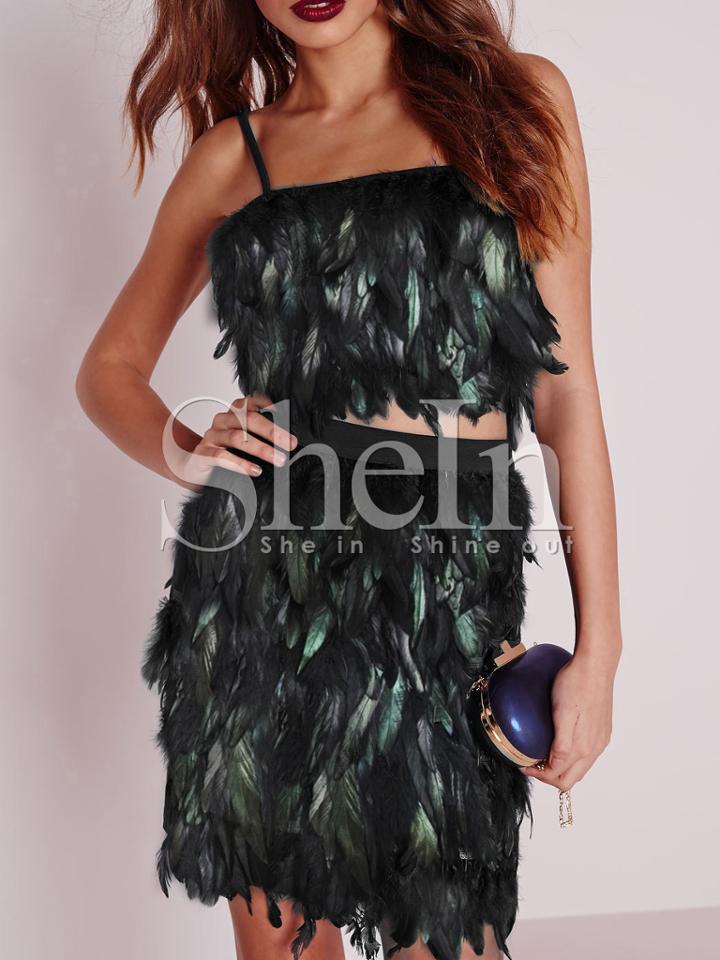 Shein Black Contrast Feather Crop Cami Top With Bodycon Skirt