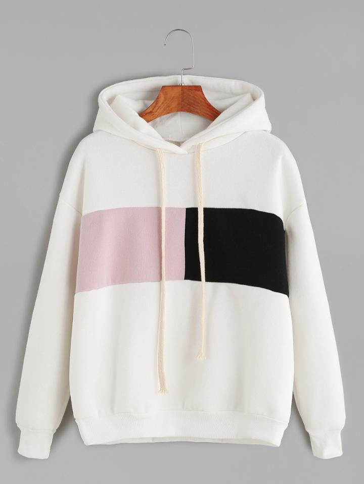 Shein Ivory Contrast Dropped Shoulder Seam Drawstring Hooded Sweatshirt