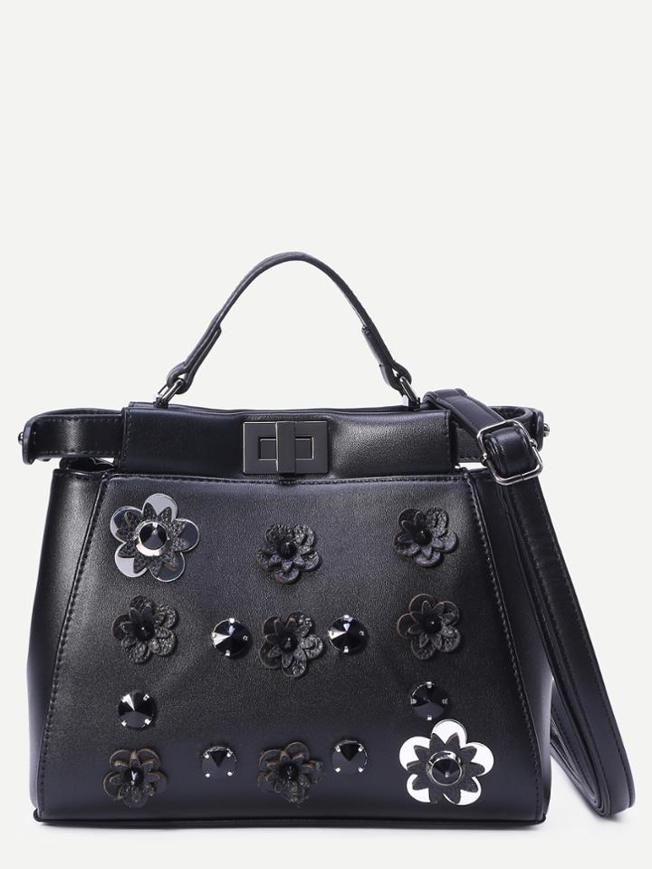 Shein Black Flowers And Rivet Embellished Tote Bag With Strap