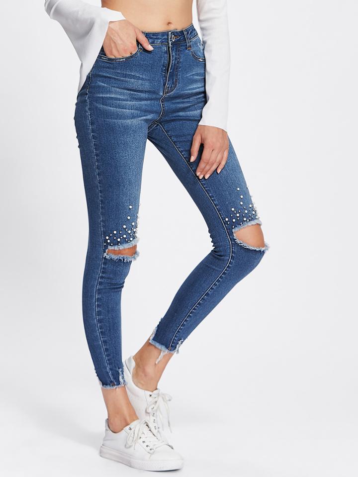 Shein Pearl Beading Destroyed Raw Cut Hem Jeans