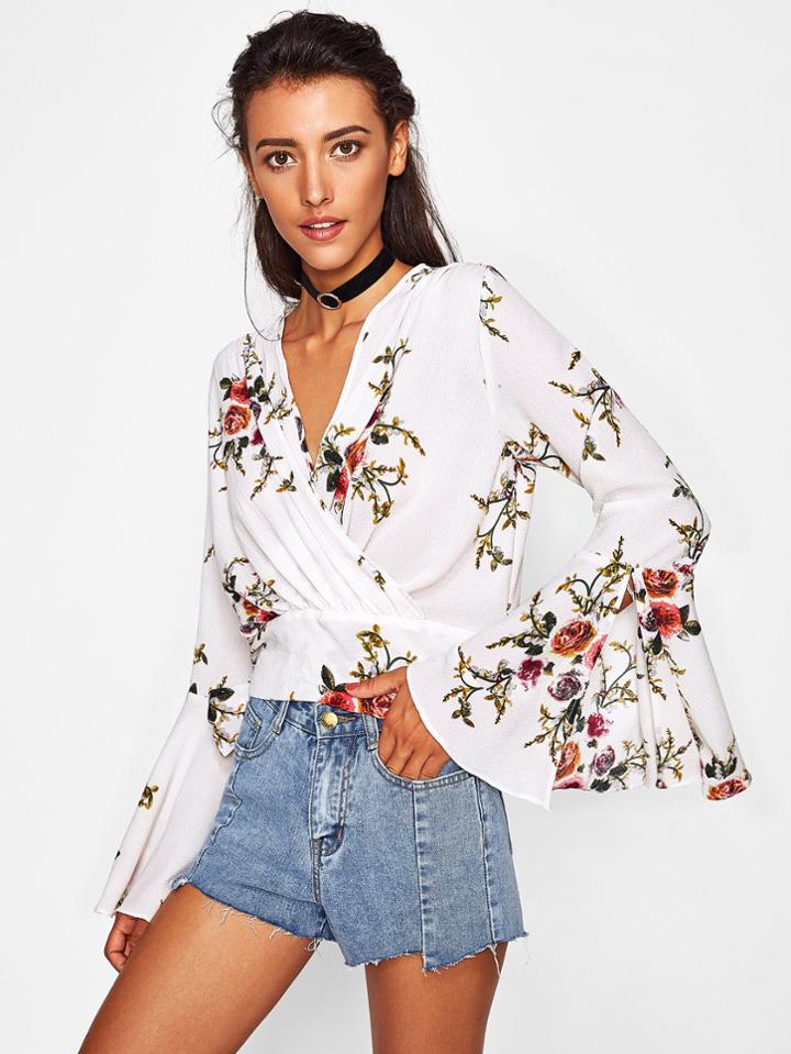 Shein Surplice Neckline Flute Sleeve Tie Detail Blouse