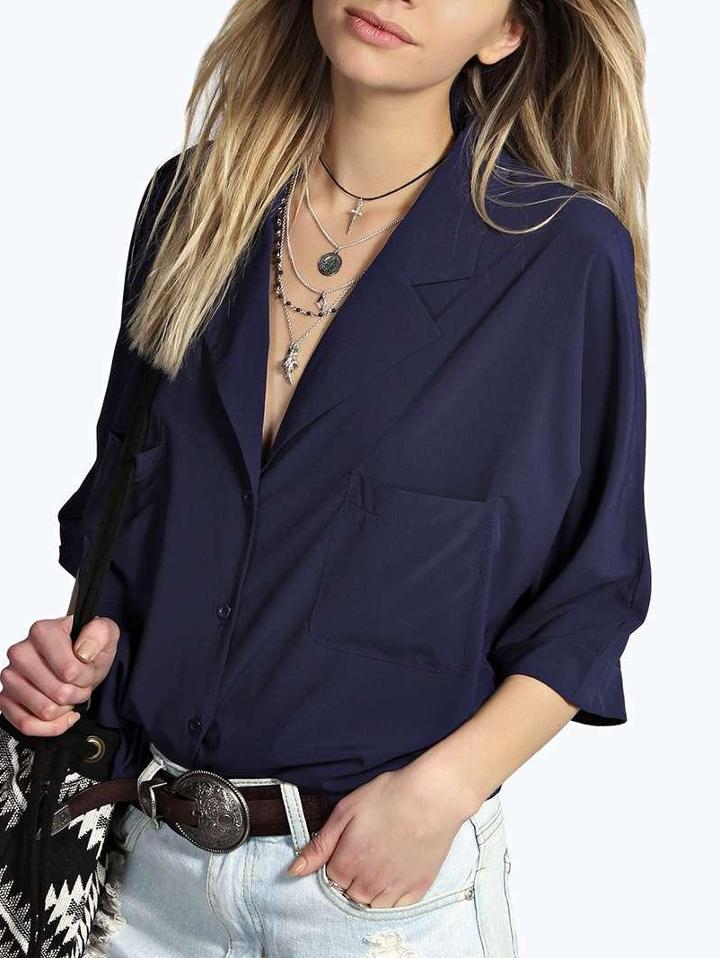 Shein Dark Blue Lapel Pockets Blouse