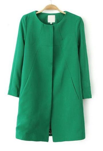 Shein Green Long Sleeve Slim Pockets Trench Coat
