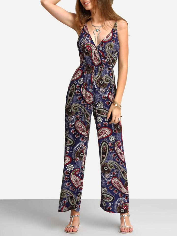 Shein Paisley Print Surplice Front Cami Jumpsuits