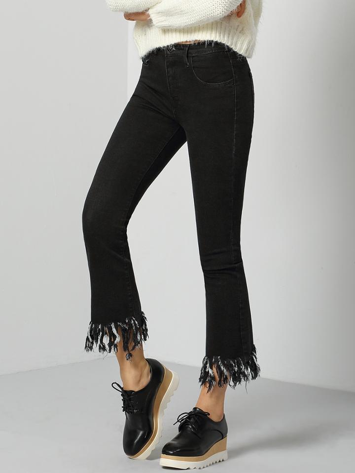 Shein Black Pockets Tassel Denim Bell Pant